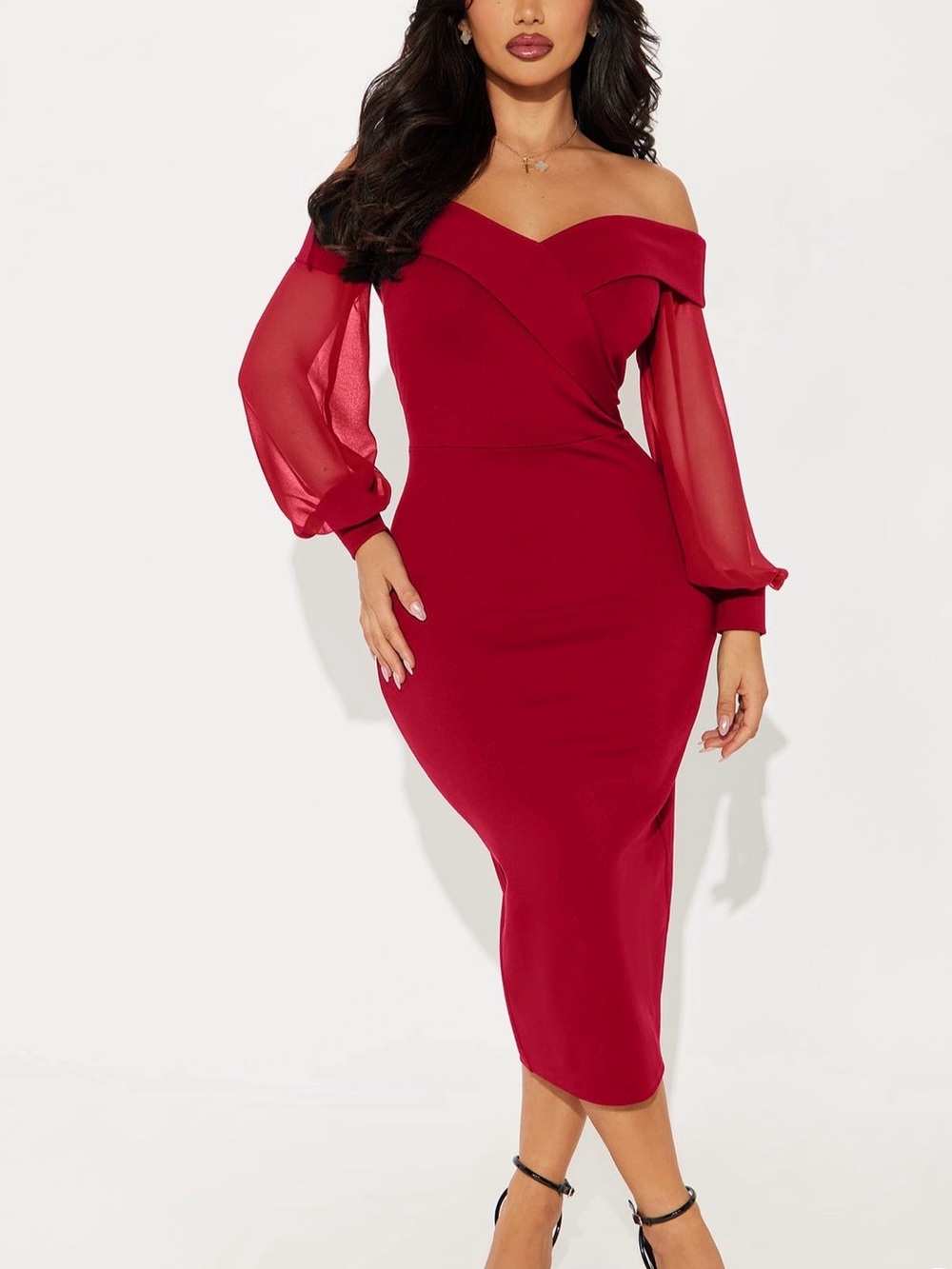 Fashion Nova Red Off-Shoulder Midi Dress with Sheer Bishop Sleeves